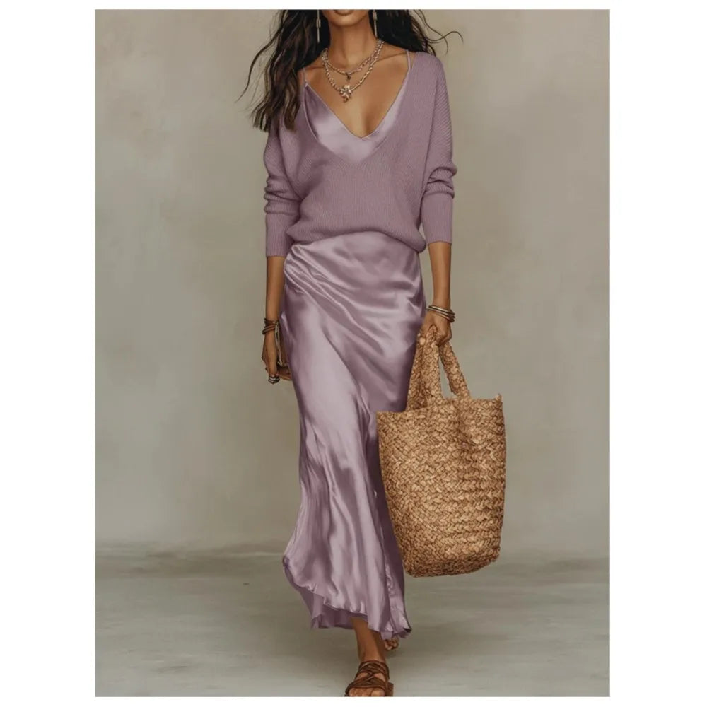 Knit top and satin slip skirt two piece set in purple