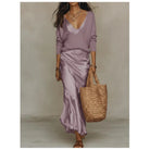 Knit top and satin slip skirt two piece set in purple