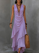 Tiered ruffle ruched waist boho maxi dress in purple