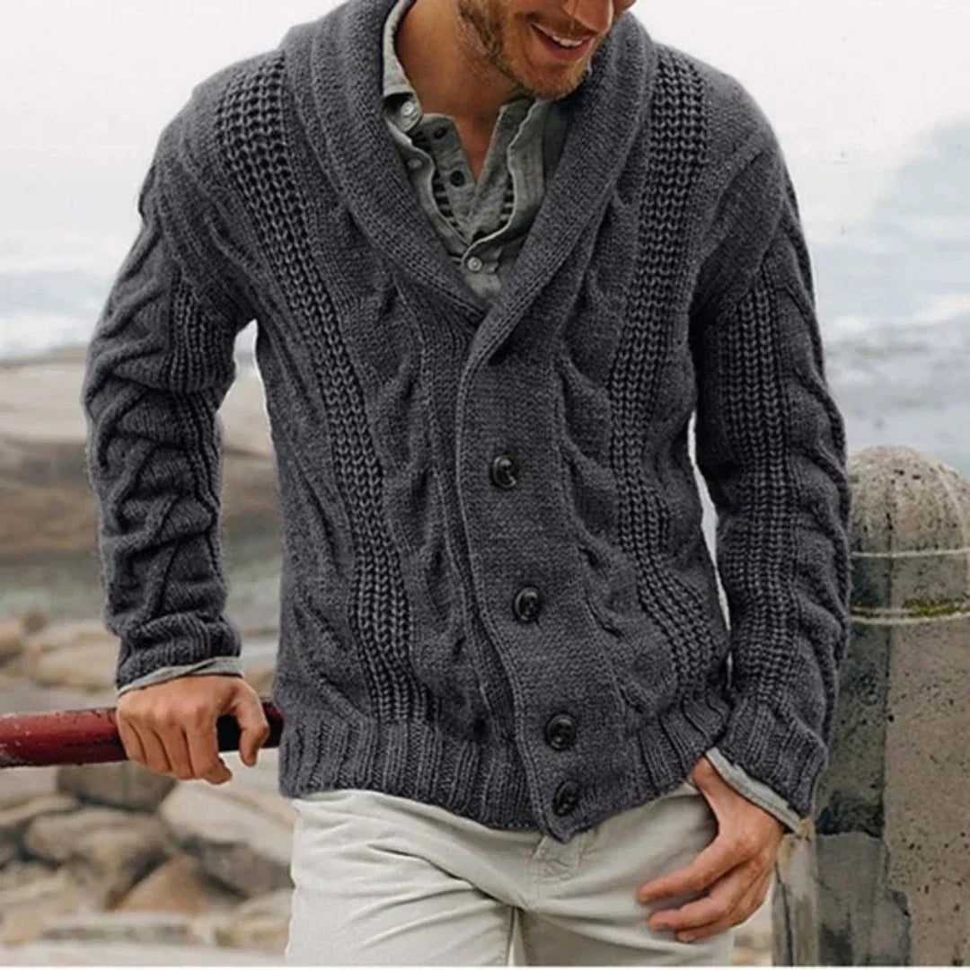 Winter Heavyweight Cable Knit Shawl Collar Cardigan for Men in Dark Gray