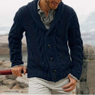 Winter Heavyweight Cable Knit Shawl Collar Cardigan for Men in Dark Blue