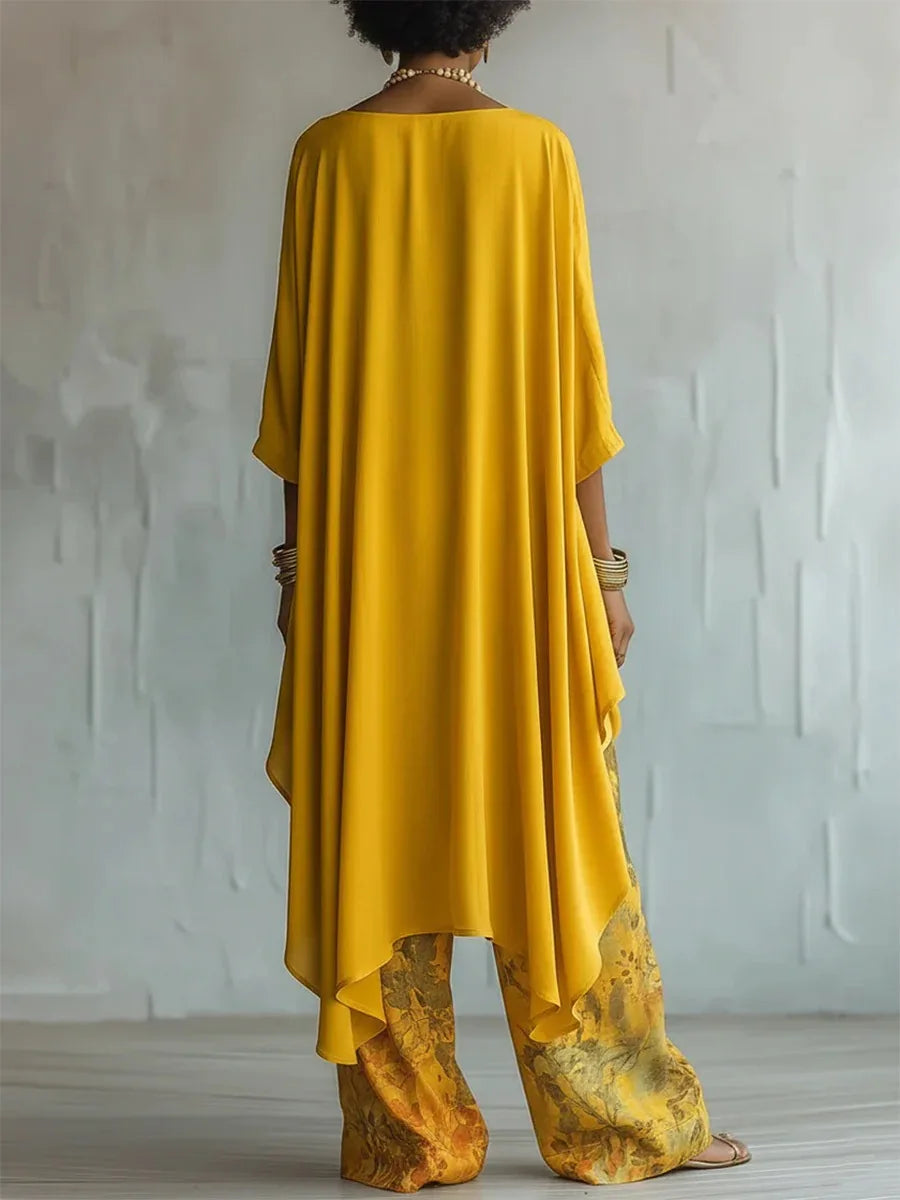 Asymmetric hem printed wide leg two piece set, view 3