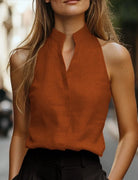 Mock neck sleeveless linen blend blouse in orange