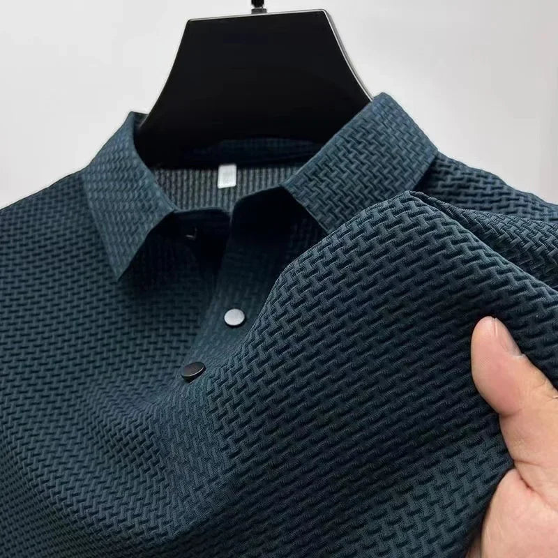 Featherlight waffle knit polo shirt in petrol blue