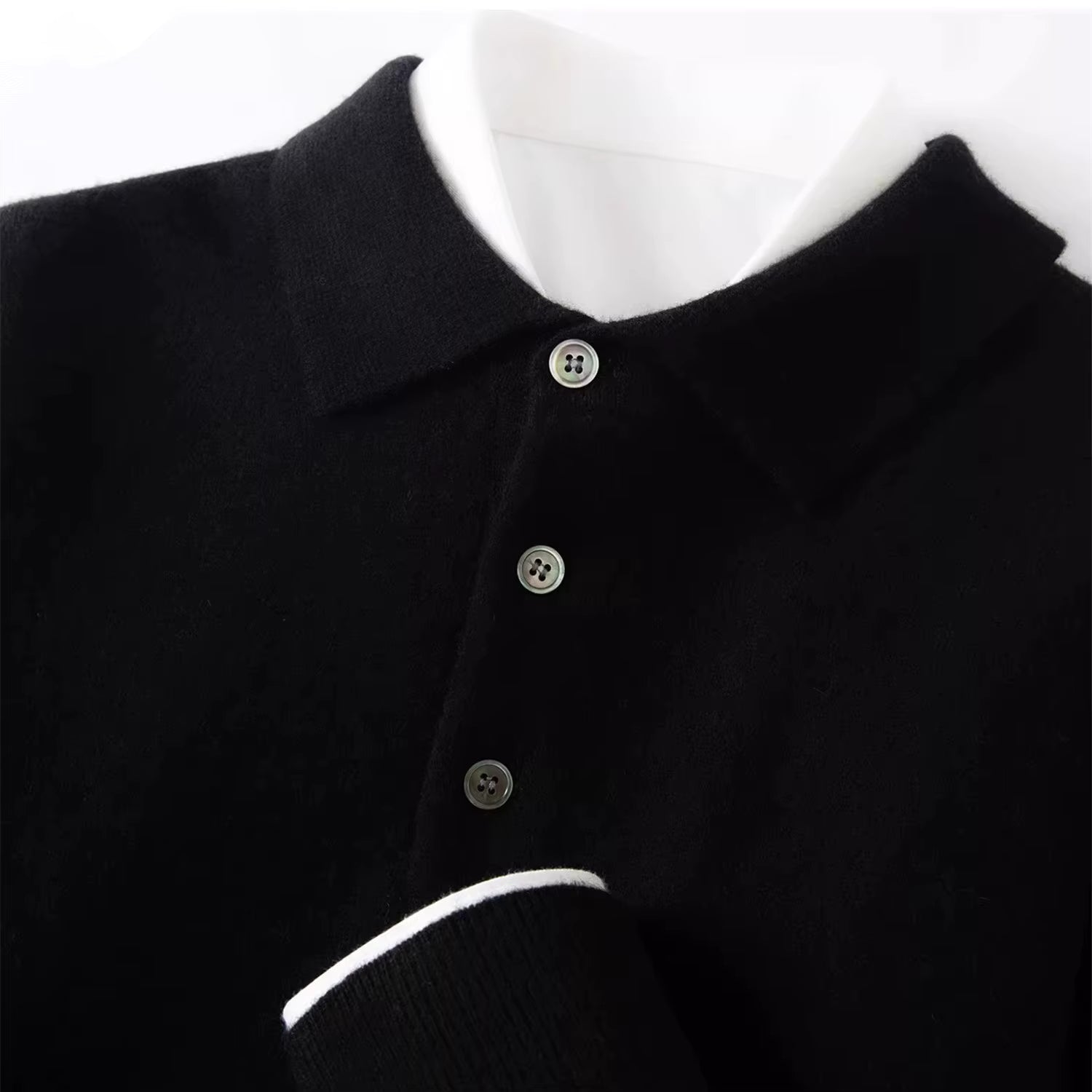 Turn down collar knit polo sweater in black