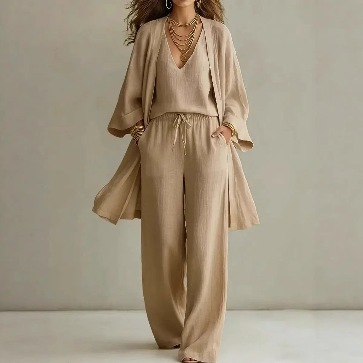 Wide leg three piece lounge set in khaki