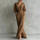 Long sleeve wrap waist slit maxi dress in brown