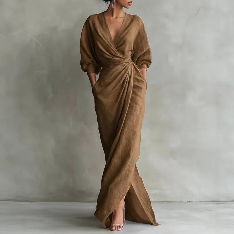 Long sleeve wrap waist slit maxi dress in brown