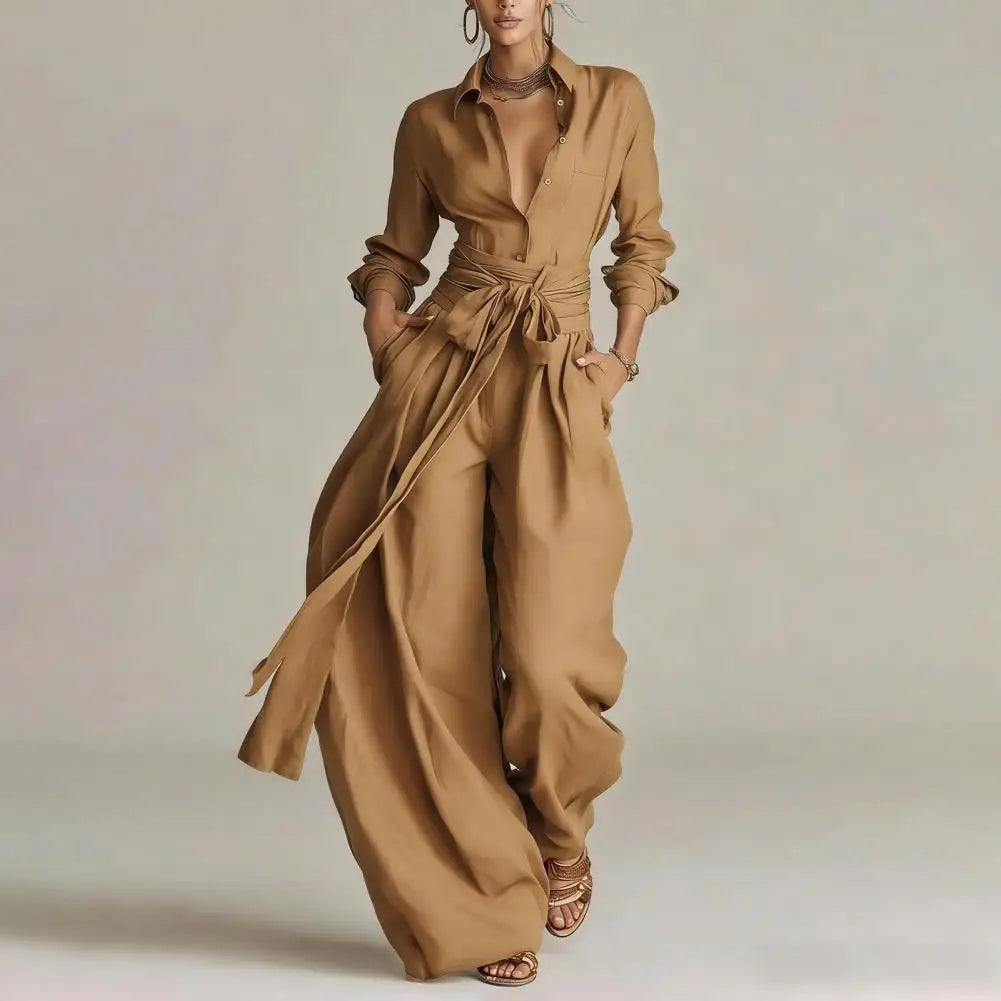 Open collar shirt and high waist wide leg set in khaki