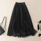 High waist pleated mesh layered midi skirt in black