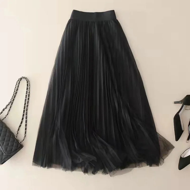 High waist pleated mesh layered midi skirt in black