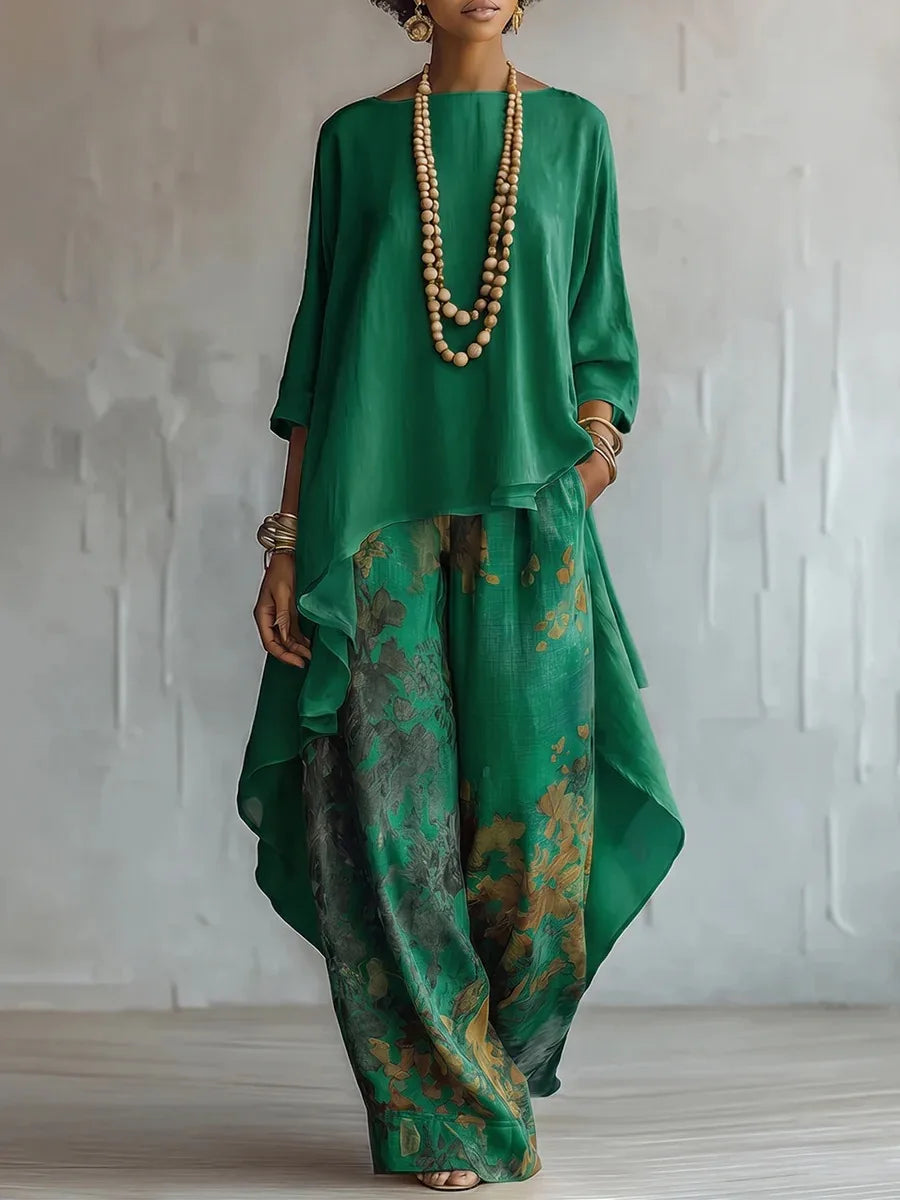Asymmetric hem printed wide leg two piece set in green