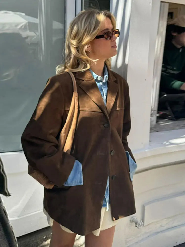 Fall Faux Suede Single Breasted Blazer Jacket for Women