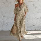 One shoulder striped puff sleeve maxi dress in khaki