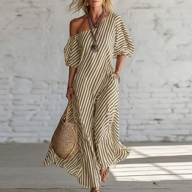 One shoulder striped puff sleeve maxi dress in khaki