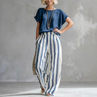 Striped cotton linen top and wide leg pants set in dark blue