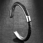Braided leather and stainless steel cuff bracelet in silver / black