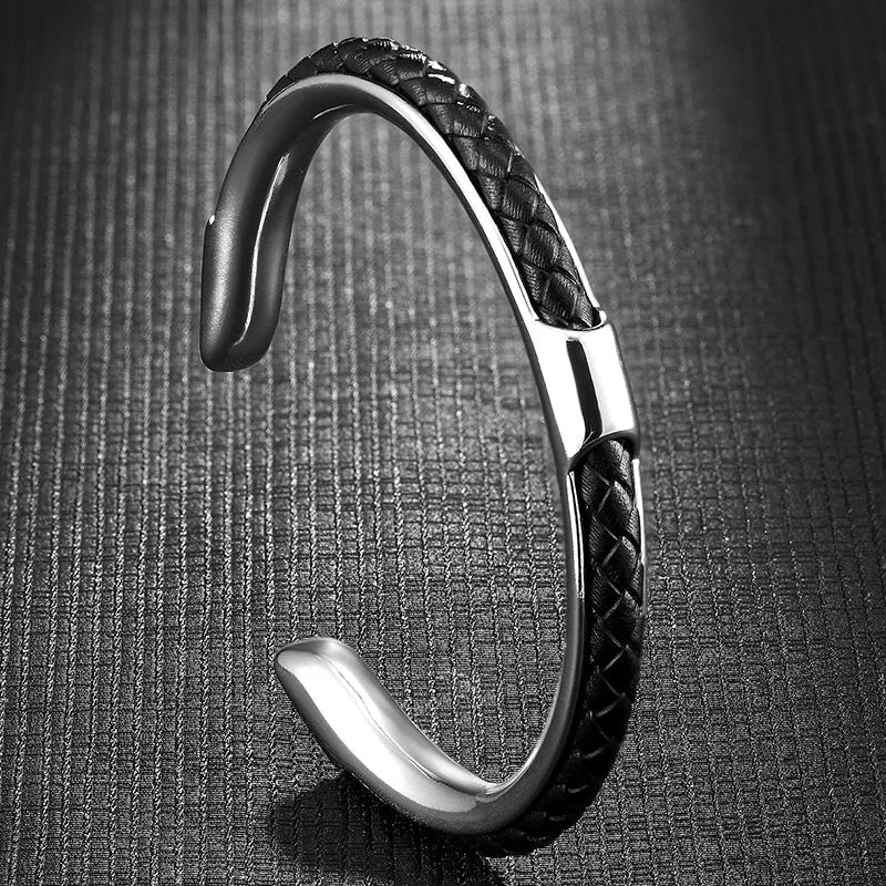Braided leather and stainless steel cuff bracelet in silver / black