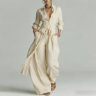 Open collar shirt and high waist wide leg set in apricot