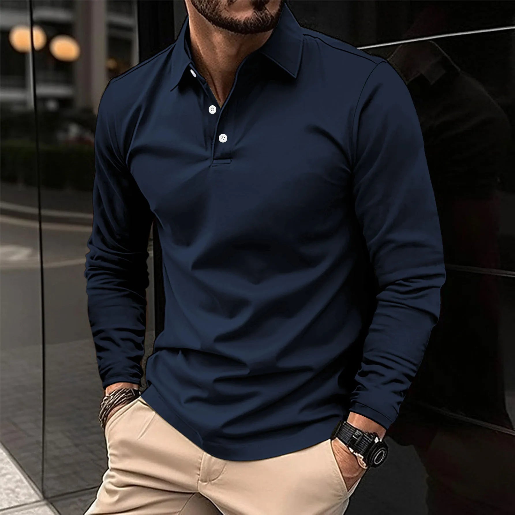 Fall Slim Fit Long Sleeve Button Polo Shirt for Men in Navy