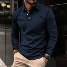 Fall Slim Fit Long Sleeve Button Polo Shirt for Men in Navy