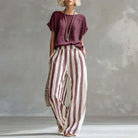 Striped cotton linen top and wide leg pants set, view 5