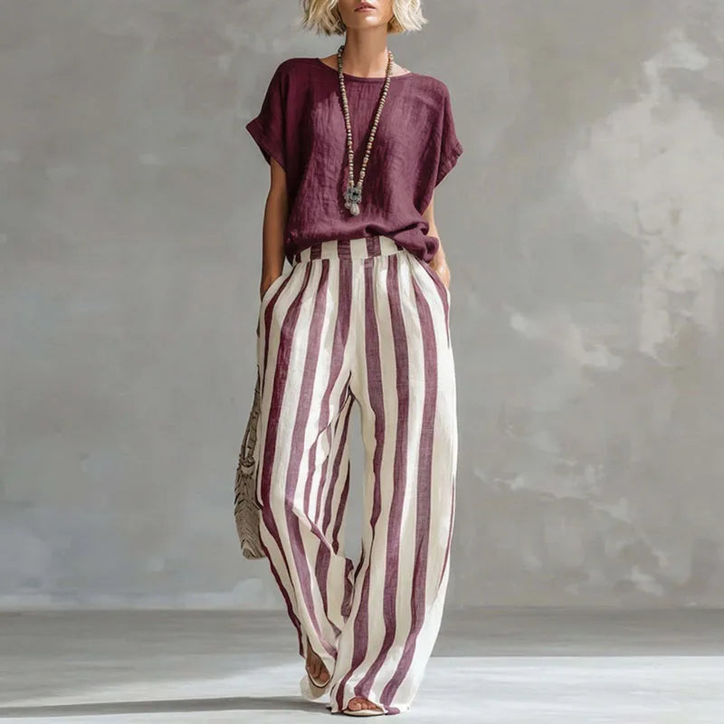 Striped cotton linen top and wide leg pants set, view 5