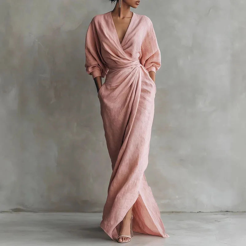 Long sleeve wrap waist slit maxi dress in pink