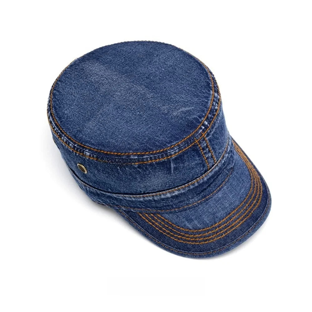 Washed cotton denim military style cap, view 9