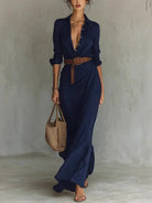 Deep V-neck belted wrap maxi dress in navy blue