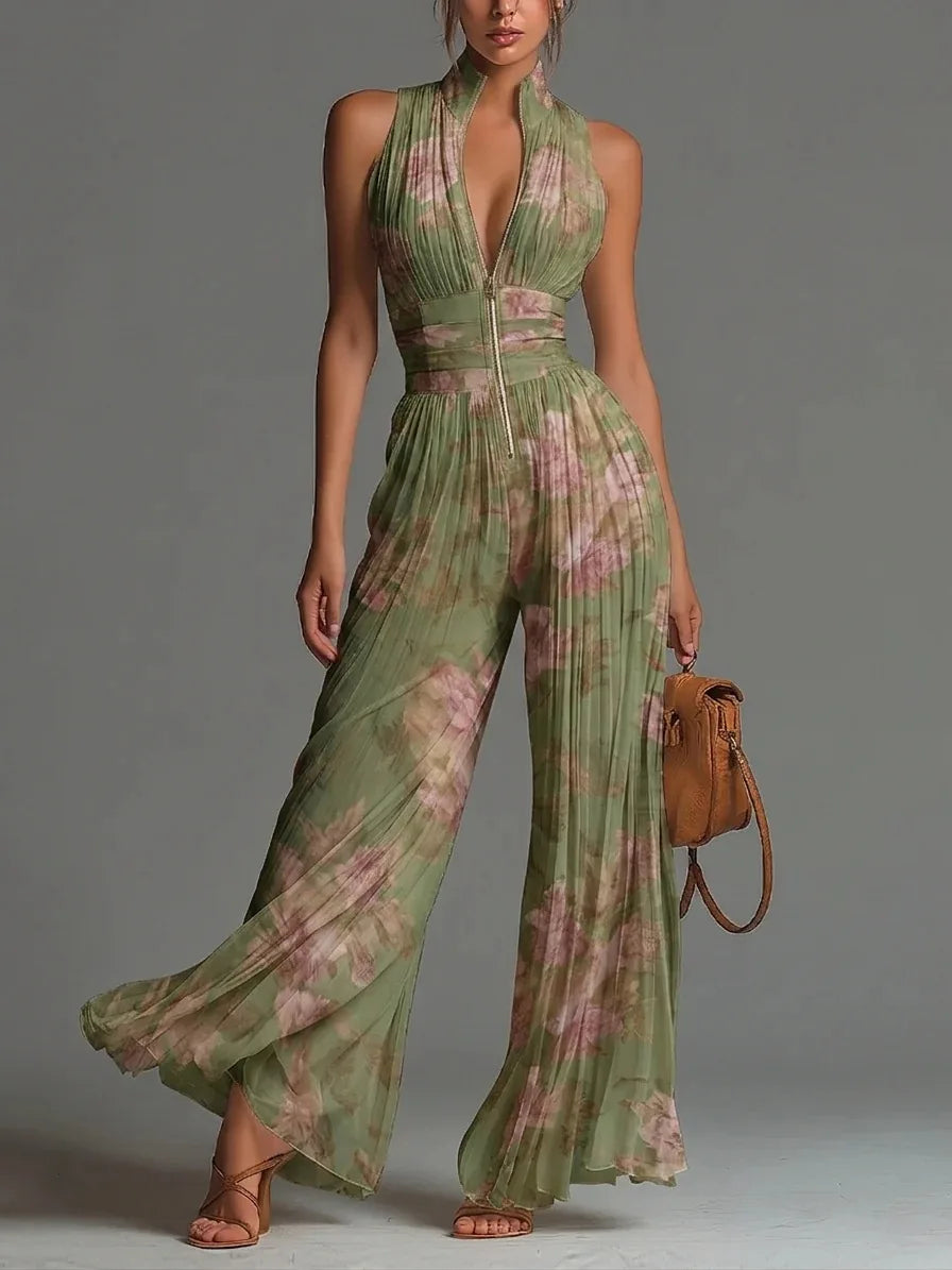 Halter neck pleated wide leg floral jumpsuit in green