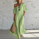 One shoulder striped puff sleeve maxi dress in green