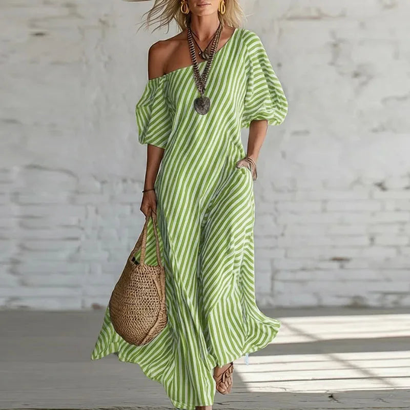 One shoulder striped puff sleeve maxi dress in green