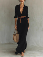 Deep V-neck belted wrap maxi dress in black