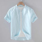 Band collar linen cotton short sleeve shirt in powder blue
