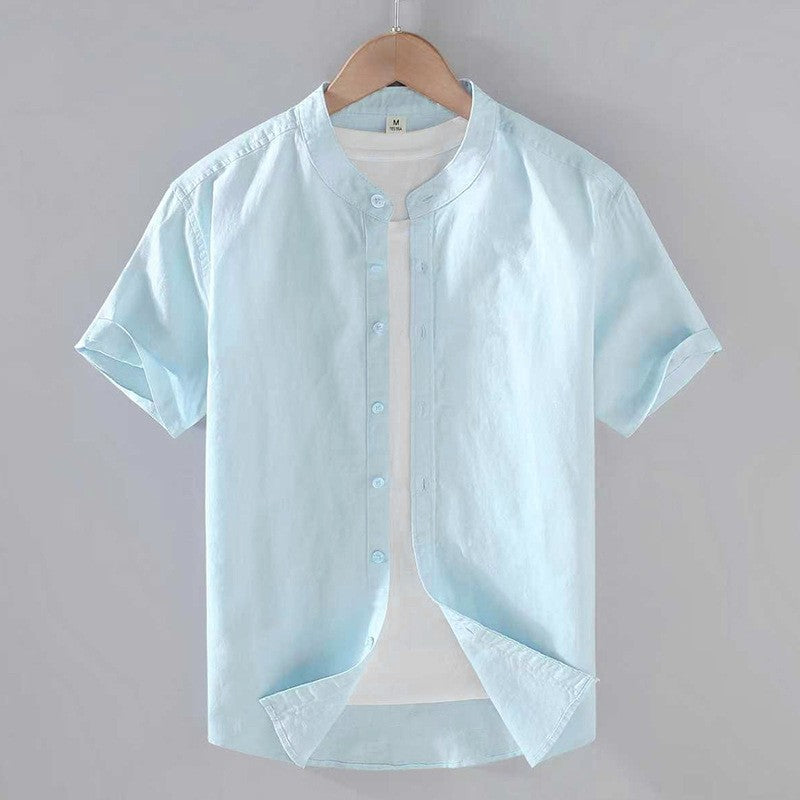 Band collar linen cotton short sleeve shirt in powder blue