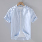 Band collar linen cotton short sleeve shirt in pastel blue