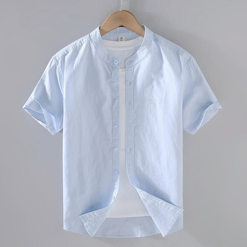 Band collar linen cotton short sleeve shirt in pastel blue
