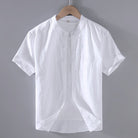 Band collar linen cotton short sleeve shirt in white