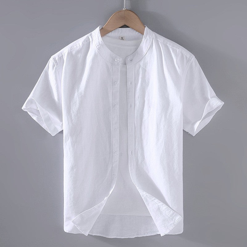 Band collar linen cotton short sleeve shirt in white