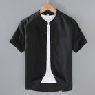 Band collar linen cotton short sleeve shirt in black