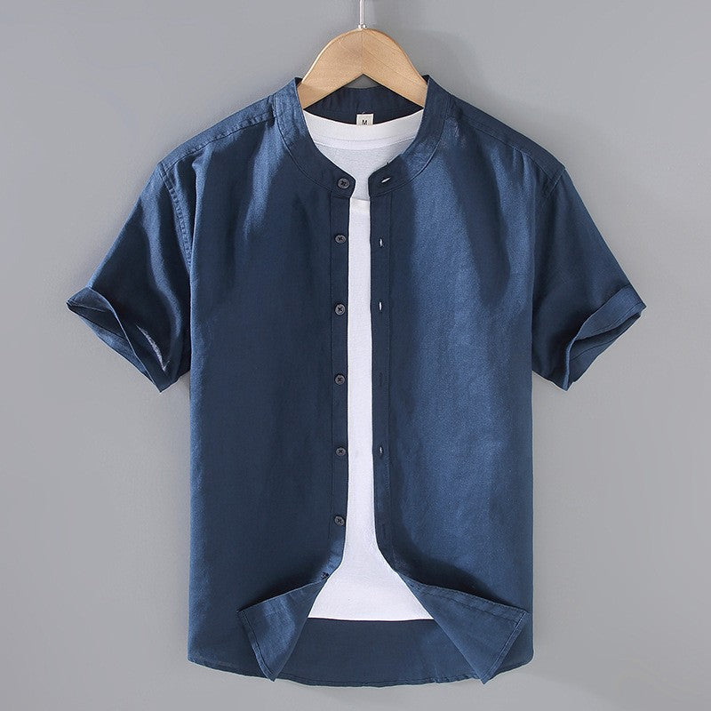 Band collar linen cotton short sleeve shirt in navy