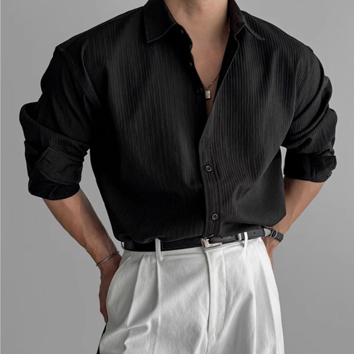 Fall Textured Pleated Relaxed Fit Long Sleeve Shirt for Men
