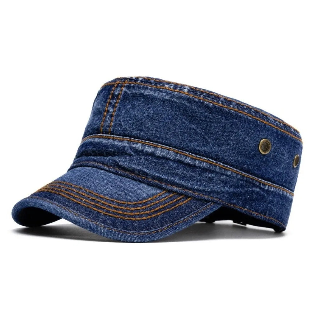 Washed cotton denim military style cap in deep blue
