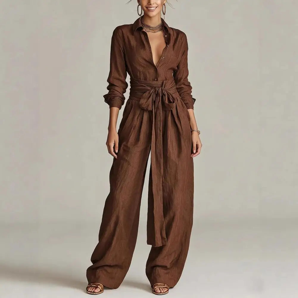 Open collar shirt and high waist wide leg set in coffee