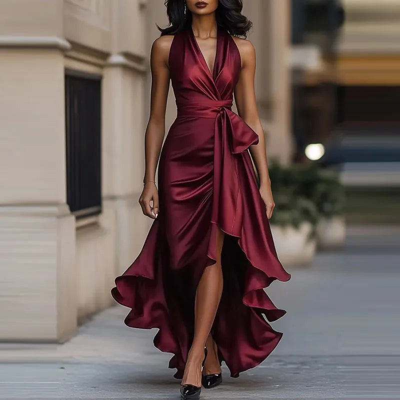 Satin halter high low hem maxi dress in deep red
