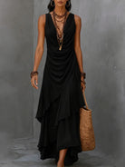 Tiered ruffle ruched waist boho maxi dress in black