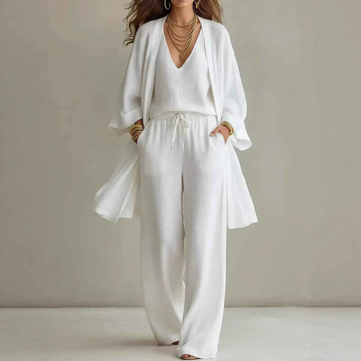 Wide leg three piece lounge set in white