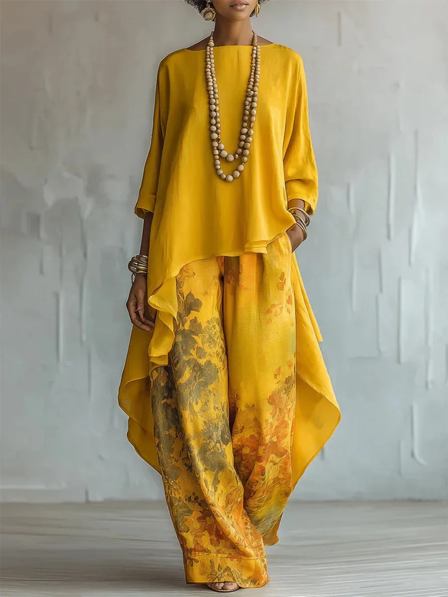 Asymmetric hem printed wide leg two piece set in yellow