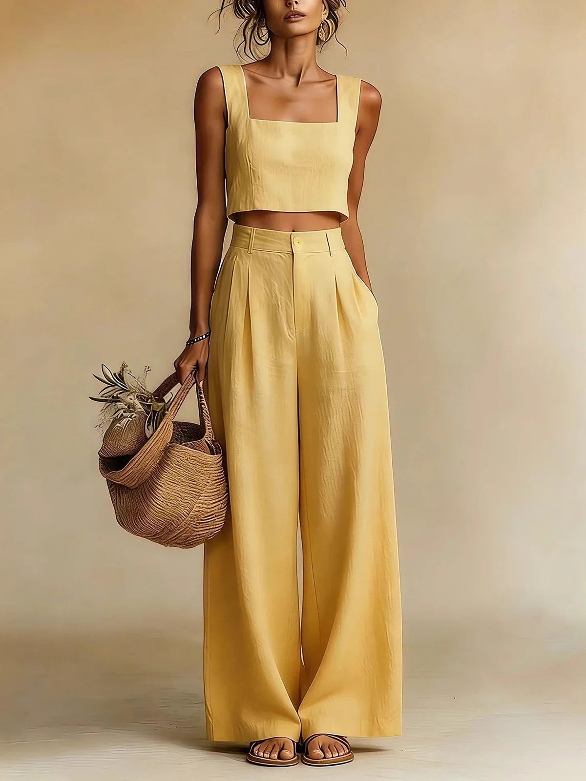 Square neck crop top and palazzo pants set in yellow